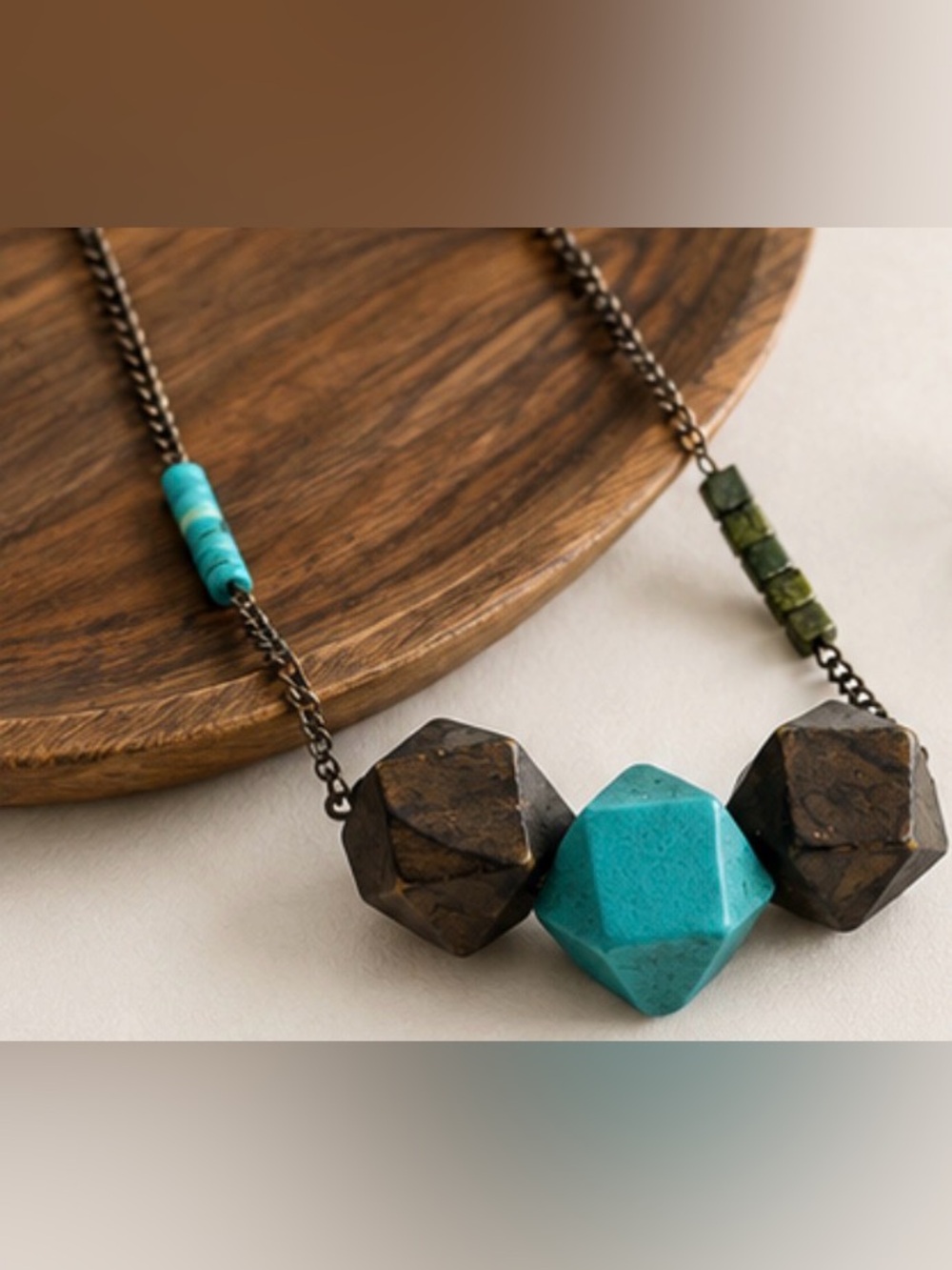 Artisan Geometric Turquoise & Wood Bead Necklace 18” Portland Art Market